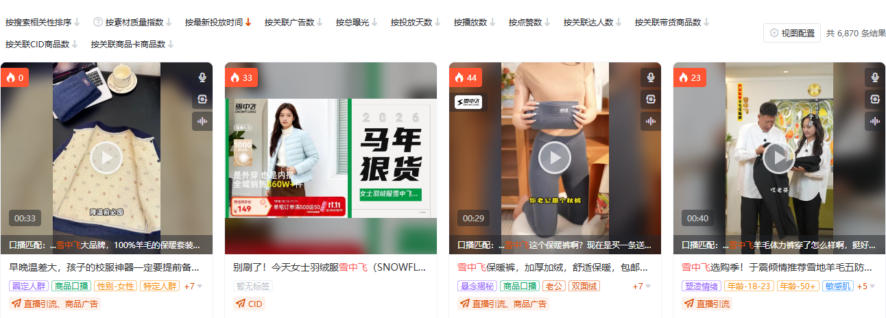 抖音服饰内衣品类全局素材搜索页截图,按品类 ID 120 定向,展示素材供给密度与视觉结构