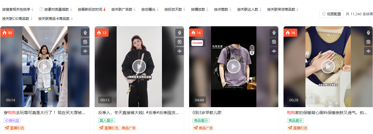抖音服饰内衣品类全局素材搜索页截图,按品类 ID 120 定向,展示素材供给密度与结构