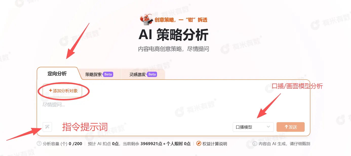 图片展示的是有米有数AI策略分析界面。上方标题为“AI策略分析”,并有“内容电商创意策略,尽情提问”的说明。界面中有“定向分析”“策略探索”“灵感激发”三个选项卡,当前选中“定向分析”。下方有“+添加分析对象”区域,可输入分析对象。右侧有“口播/画面模型分析”区域,可选择“口播模型”并点击“↑发送”。图片与上下文紧密相关,是打开有米有数后进行AI策略分析的操作指引。